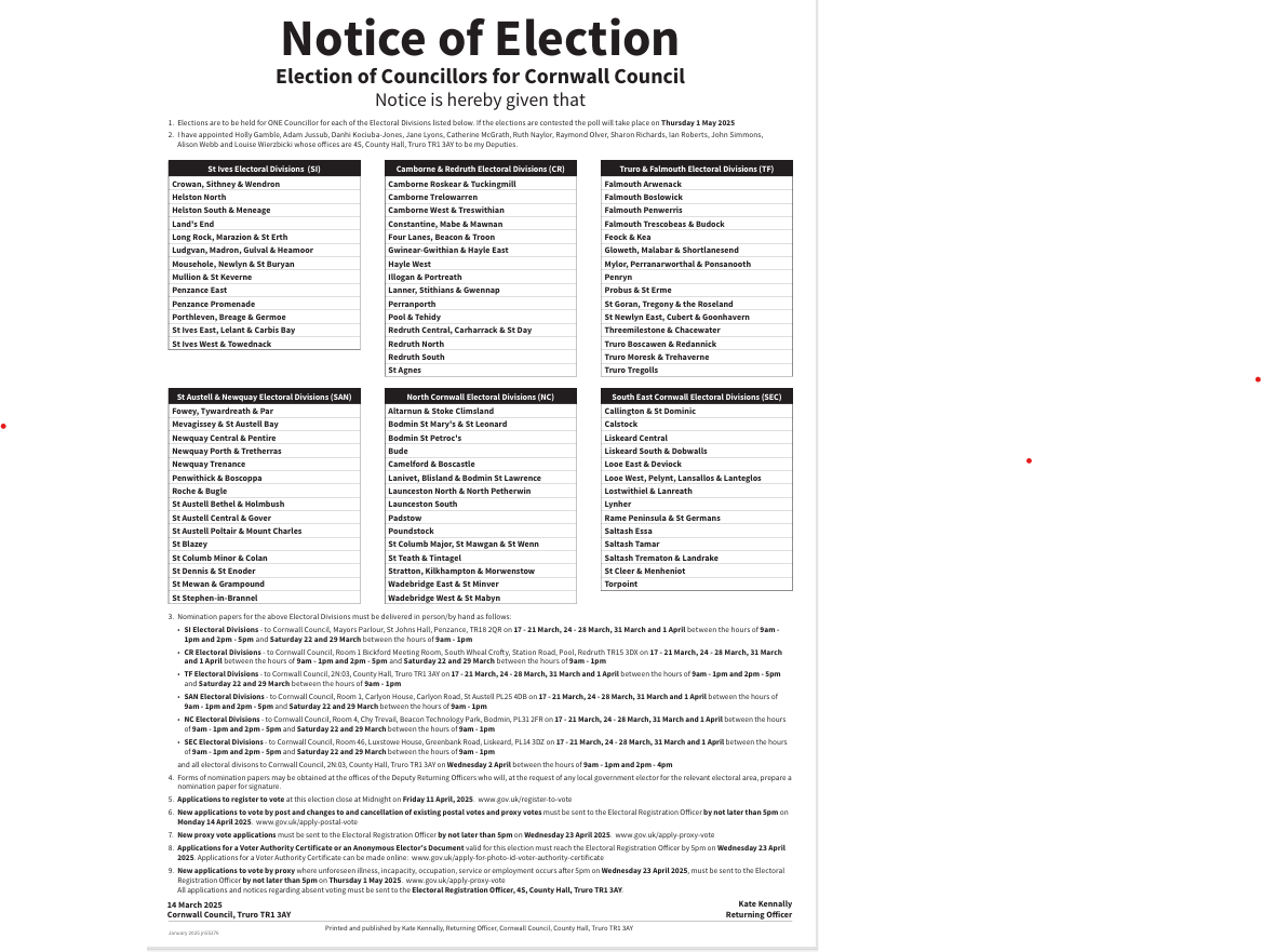 Notice of Cornwall Council Elections